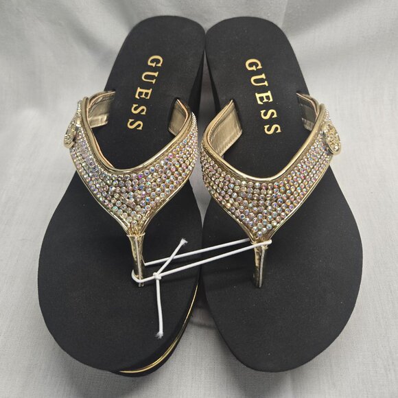 GUESS-“SARRALY” WOMEN SIZE 8M BLACK w/PEWTER~SILVER RHINESTONES WEDGE FLIP FLOPS - Picture 1 of 7